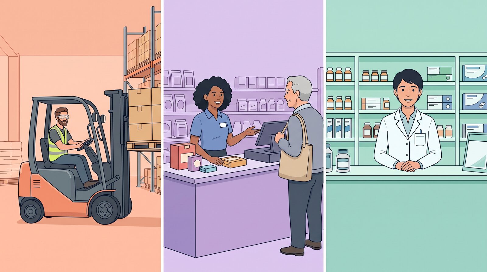 Ilustración de tres negocios: un depósito con montacargas, una tienda al detal y una farmacia